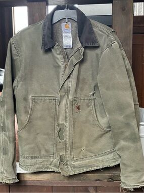 Vintage Carhartt Men's Olive Green Canvas Jacket with Dark Brown Cord Collar